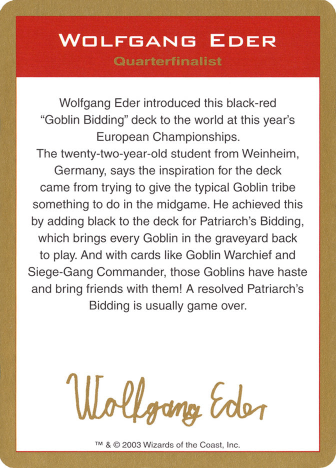 Wolfgang Eder Bio [World Championship Decks 2003] | Webway Games