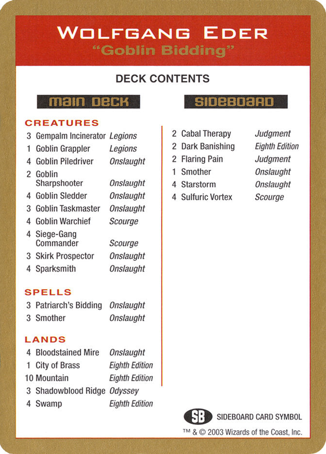 Wolfgang Eder Decklist [World Championship Decks 2003] | Webway Games