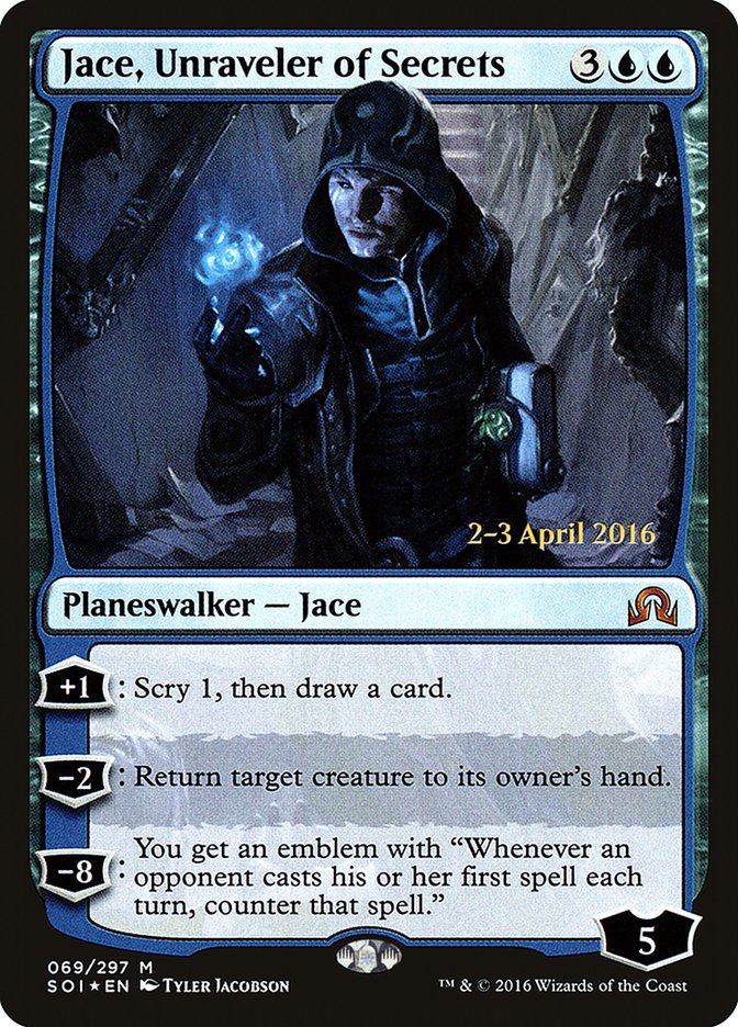 Jace, Unraveler of Secrets (Prerelease) [Shadows over Innistrad Prerelease Promos] | Webway Games