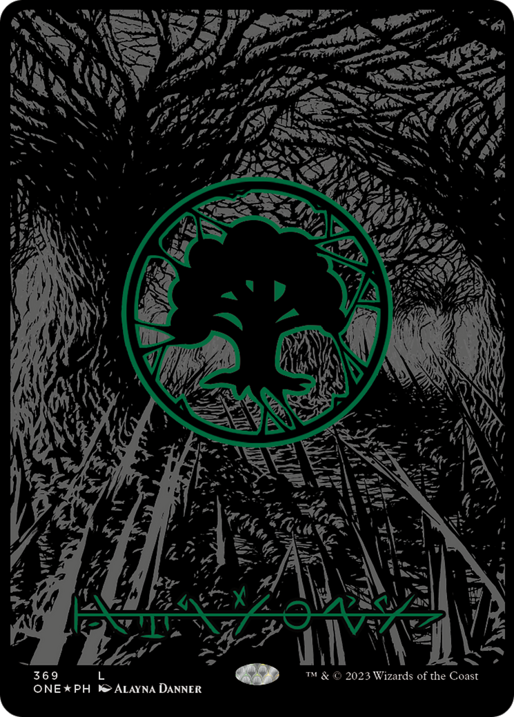 Forest (369) (Oil Slick Raised Foil) [Phyrexia: All Will Be One] | Webway Games