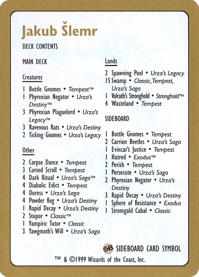 Jakub Šlemr Decklist [World Championship Decks 1999] | Webway Games