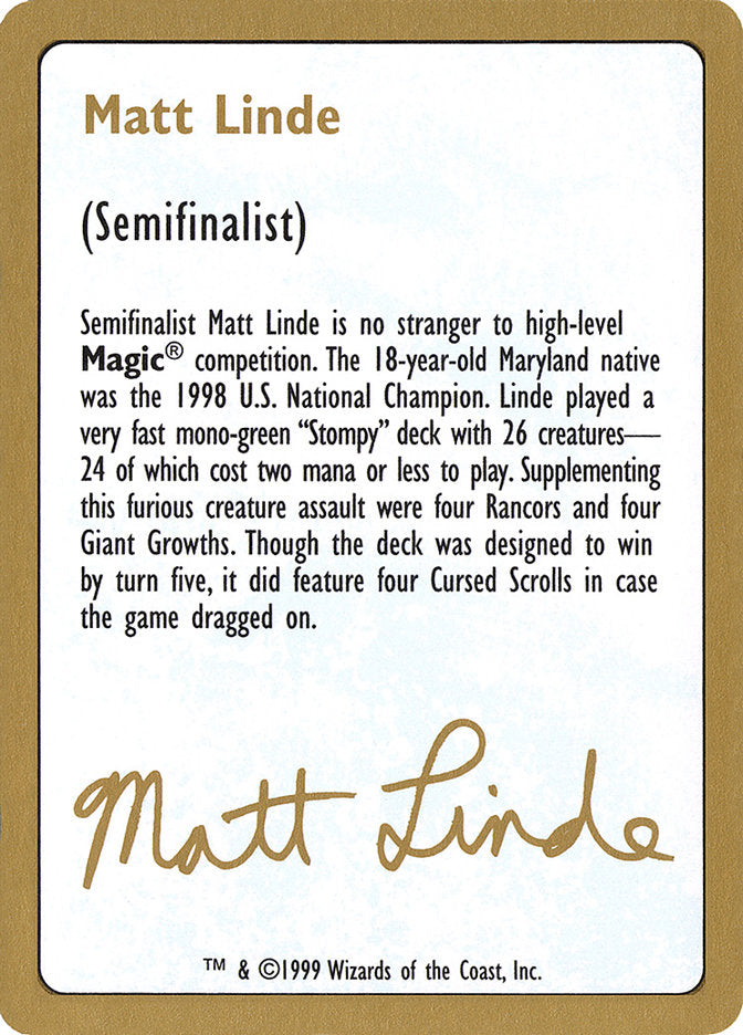 Matt Linde Bio [World Championship Decks 1999] | Webway Games