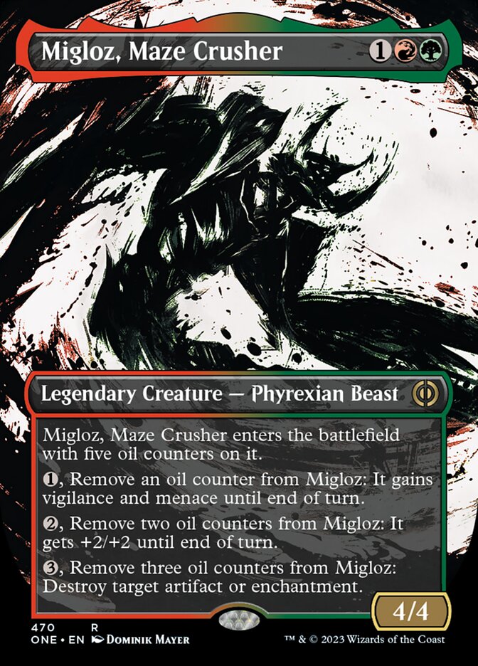 Migloz, Maze Crusher (Borderless Ichor Step-and-Compleat Foil) [Phyrexia: All Will Be One] | Webway Games